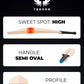 Cricket bat high sweet spot, semi oval handle, full profile