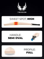 A Trogon handmade cricket bat showcasing a High middle, semi-oval handle and a full profile.