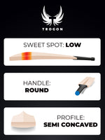 Showcasing a Trogon Cricket bat with a low middle, a round handle and a semi-concaved profile.