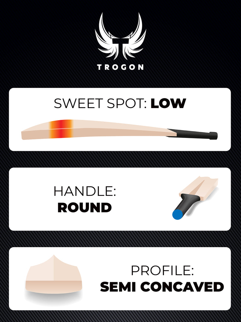 Showcasing a Trogon Cricket bat with a low middle, a round handle and a semi-concaved profile.