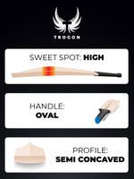 Showcasing a Trogon Cricket bat with a high middle, oval handle and semi-concaved profile
