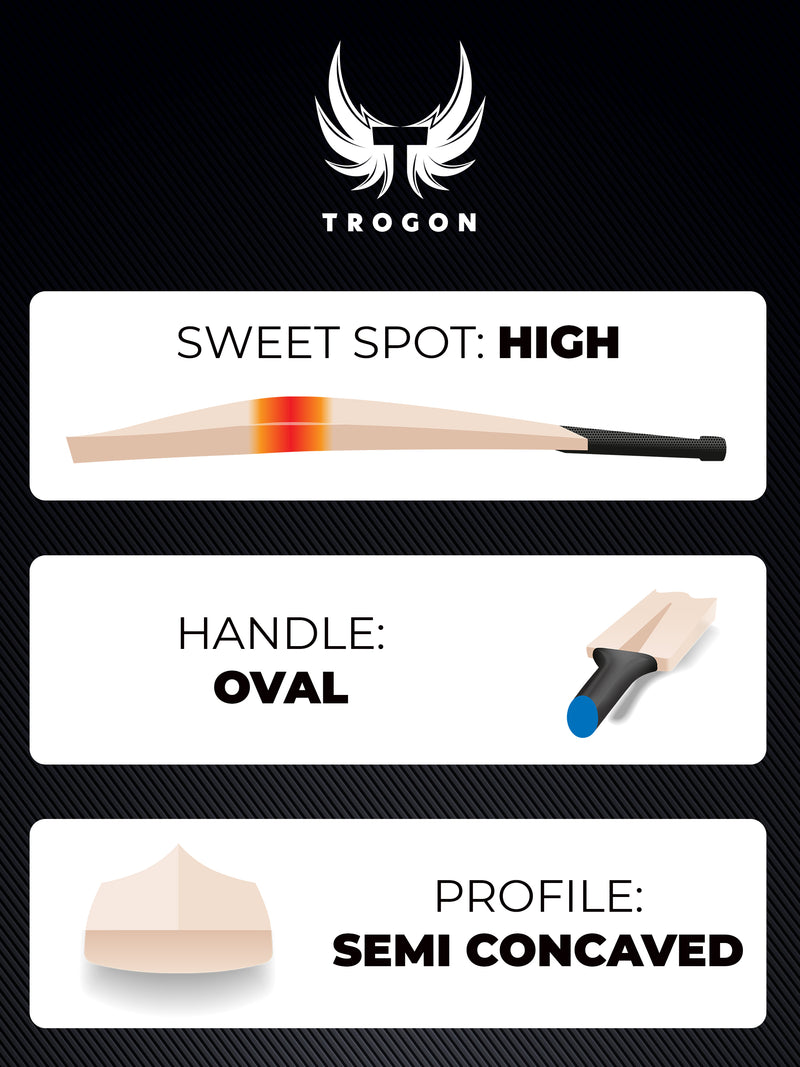 Showcasing a Trogon Cricket bat with a high middle, oval handle and semi-concaved profile
