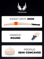 Showcasing what Trogon's Cricket bats look like with a high middle, a round handle and a semi-concaved profile.