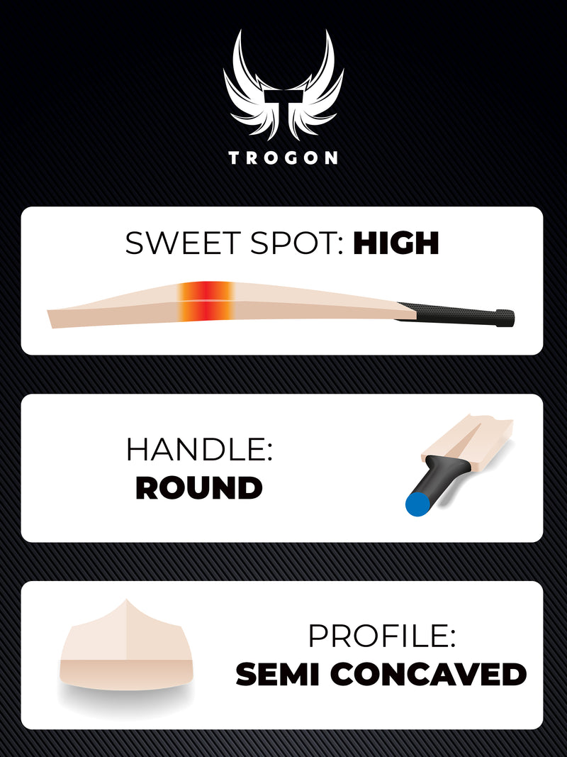 Showcasing what Trogon's Cricket bats look like with a high middle, a round handle and a semi-concaved profile.
