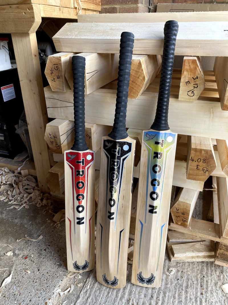 Showcasing Trogon crickets Junior cricket bat range with three cricket bat lined up