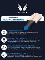 Infographic showcasing Trogon cricket oval handle description showing the benefits of using a round handle on your cricket bat.