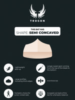 Infographic showcasing a Trogon Cricket bat with a semi-concaved profile and showing the benefits of a cricket bat with a semi-concaved profile.