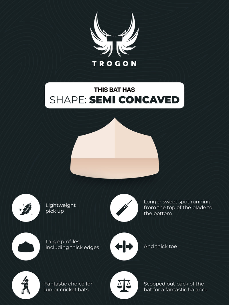 Infographic showcasing a Trogon Cricket bat with a semi-concaved profile and showing the benefits of a cricket bat with a semi-concaved profile.