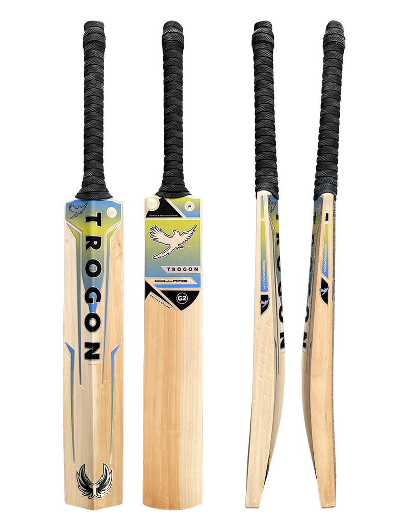 A grade 2 English willow cricket bat.  Over 50% heartwood with lovely grains and a middle going all the way to the toe.  Finished with a black grip and Trogon's yellow and blue sticker set