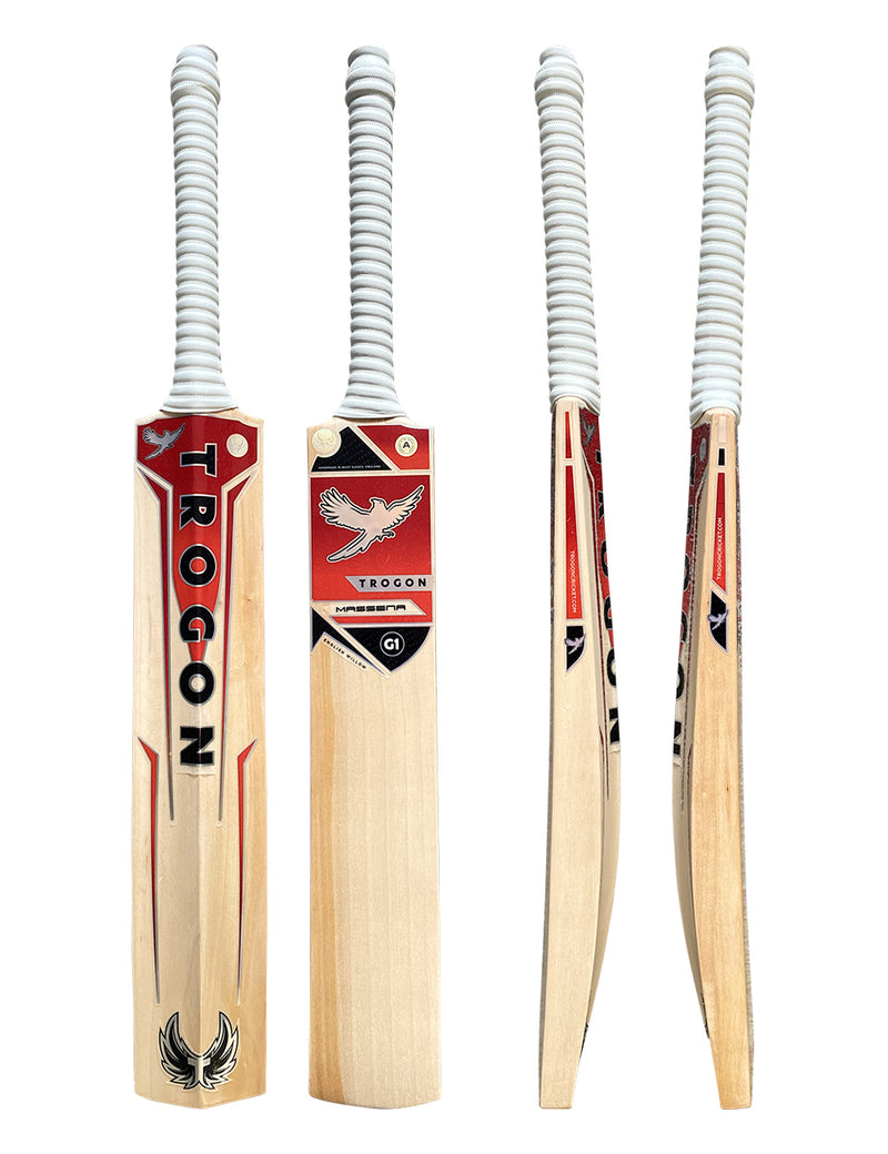 A grade 1 English willow cricket bat from Trogon Cricket.  A beautiful grade 1 with perfectly straight grains, finished with a white grip and Trogon's red and black sticker set.