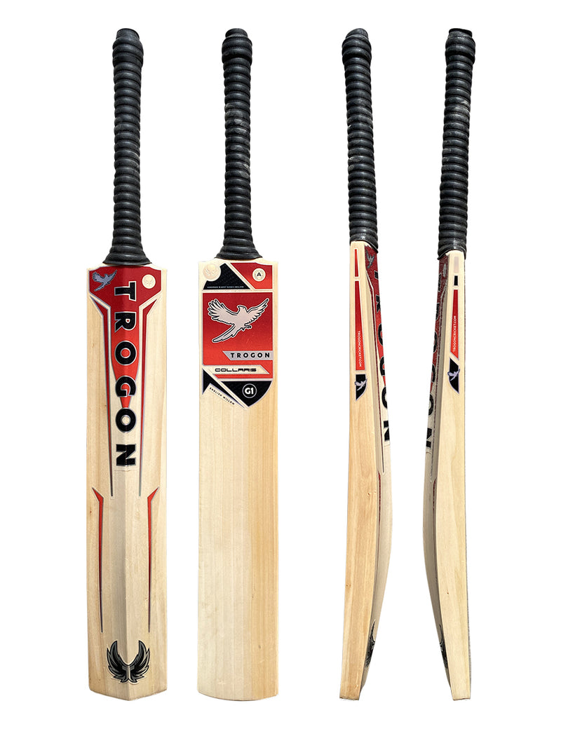 Trogon Cricket Grade 1 Cricket bat.  With lovely straight grains, some heartwood and finished with black grip and Trogon's red sticker set.