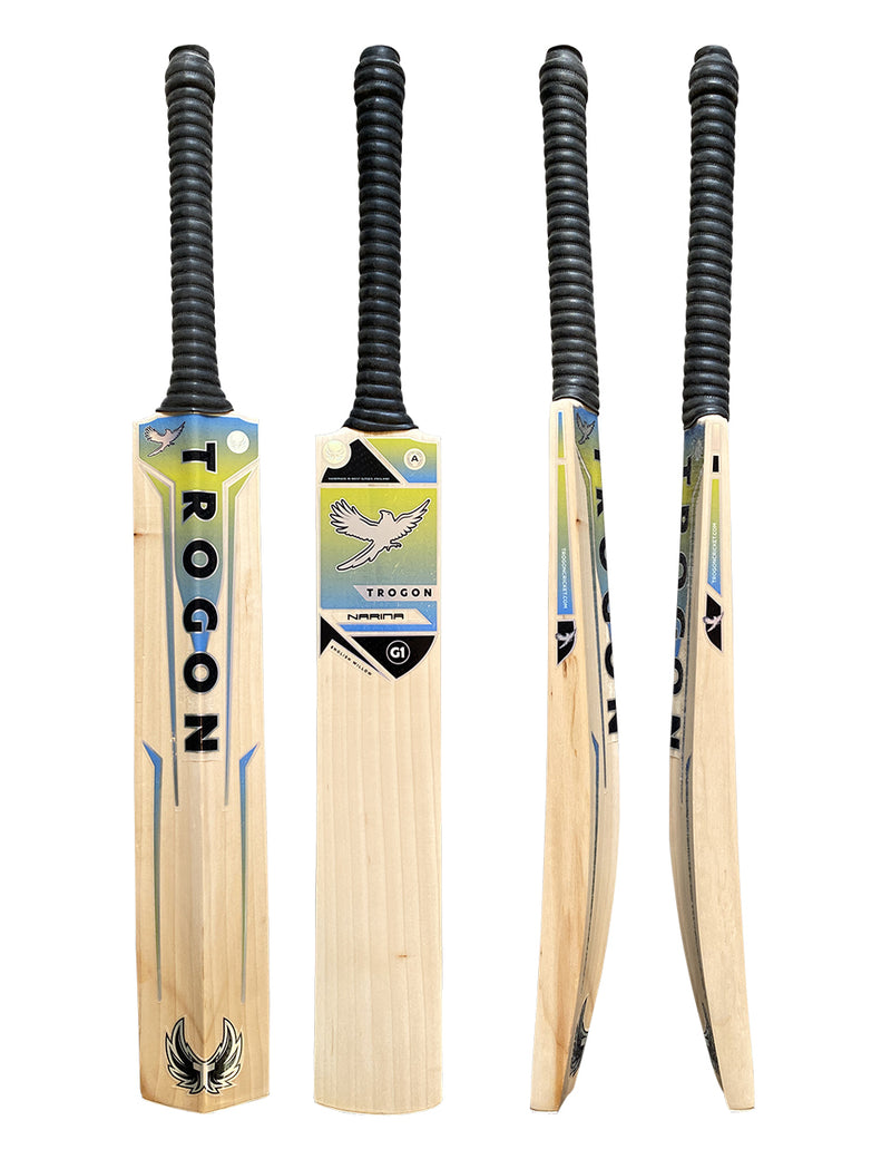 Trogon Cricket Grade 1 Cricket bat.  With lovely straight grains, some heartwood and finished with black grip and Trogon's red blue and yellow set.