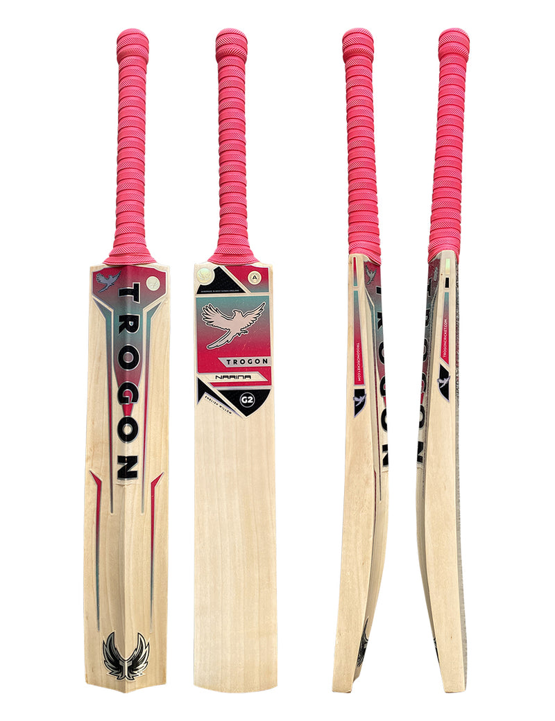 A grade 2 English willow cricket bat from Trogon Cricket.  Beautiful grains, with a middle going all the way to the toe and finished with a pink grip and Trogon's pink and light blue sticker set.