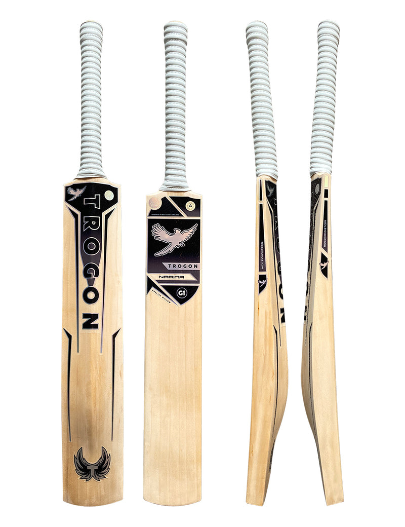 A Grade 1 English willow Cricket bat with lovely grains.  A middle and slight duck-bill toe this wonderful cricket bat is finished with a white grip and Trogon Crickets black sticker set.