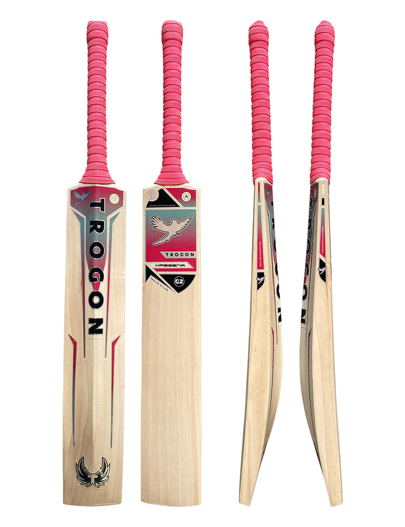A Grade 2 English willow cricket bat.  Lovely straight grains, a high point middle and finished with a pink grip and Trogon Crickets pink and light blue sticker set.
