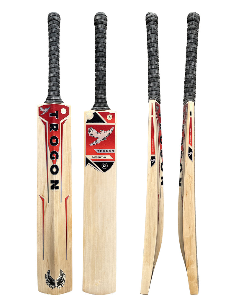 Grade 1 English willow cricket bat with lovely straight grains and massive profile.  Finished with a black grip and Trogon Cricket's red sticker set.