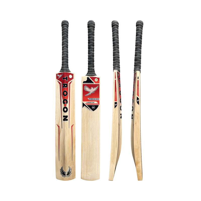 Grade 1 English Willow Trogon cricket bat with pink grip and red and orange stickers.