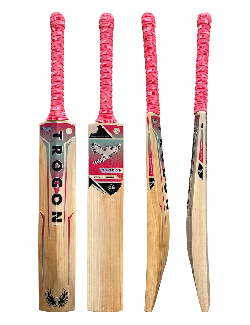 A Grade 2 English willow cricket bat.  Lovely straight grains, a high point middle and finished with a pink grip and Trogon Crickets pink and light blue sticker set.