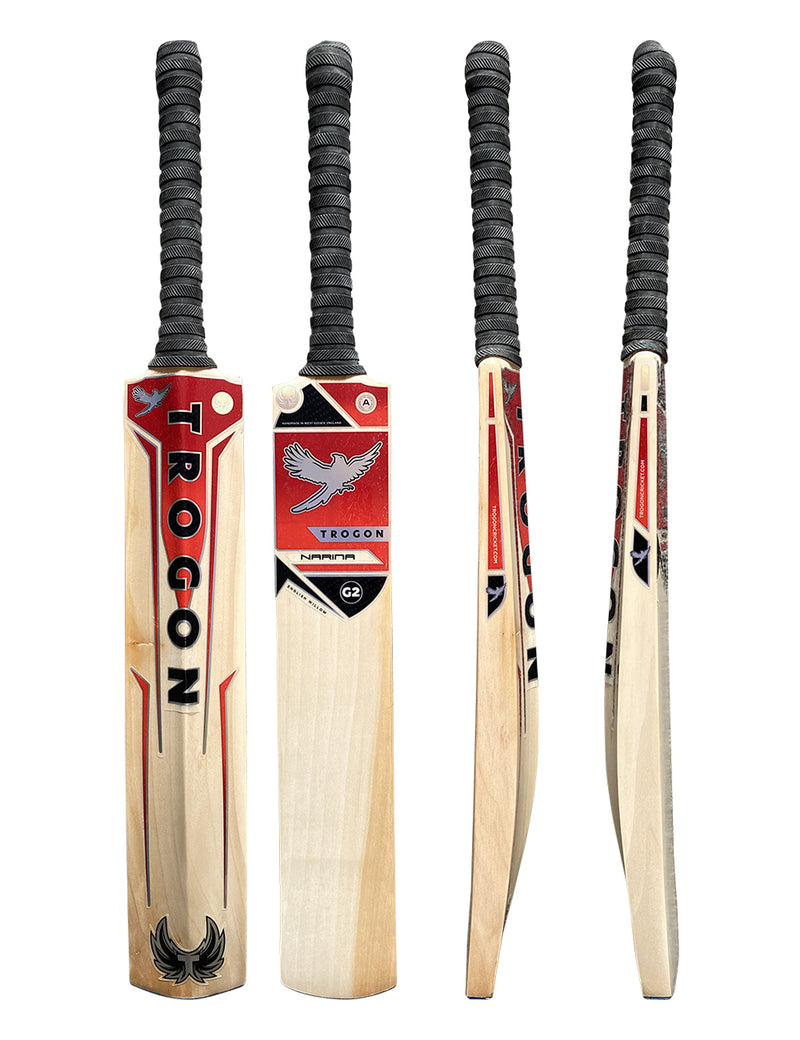 Grade 2 English willow cricket bat with lovely straight grains and massive profile.  Finished with a black grip and Trogon Cricket's red sticker set.