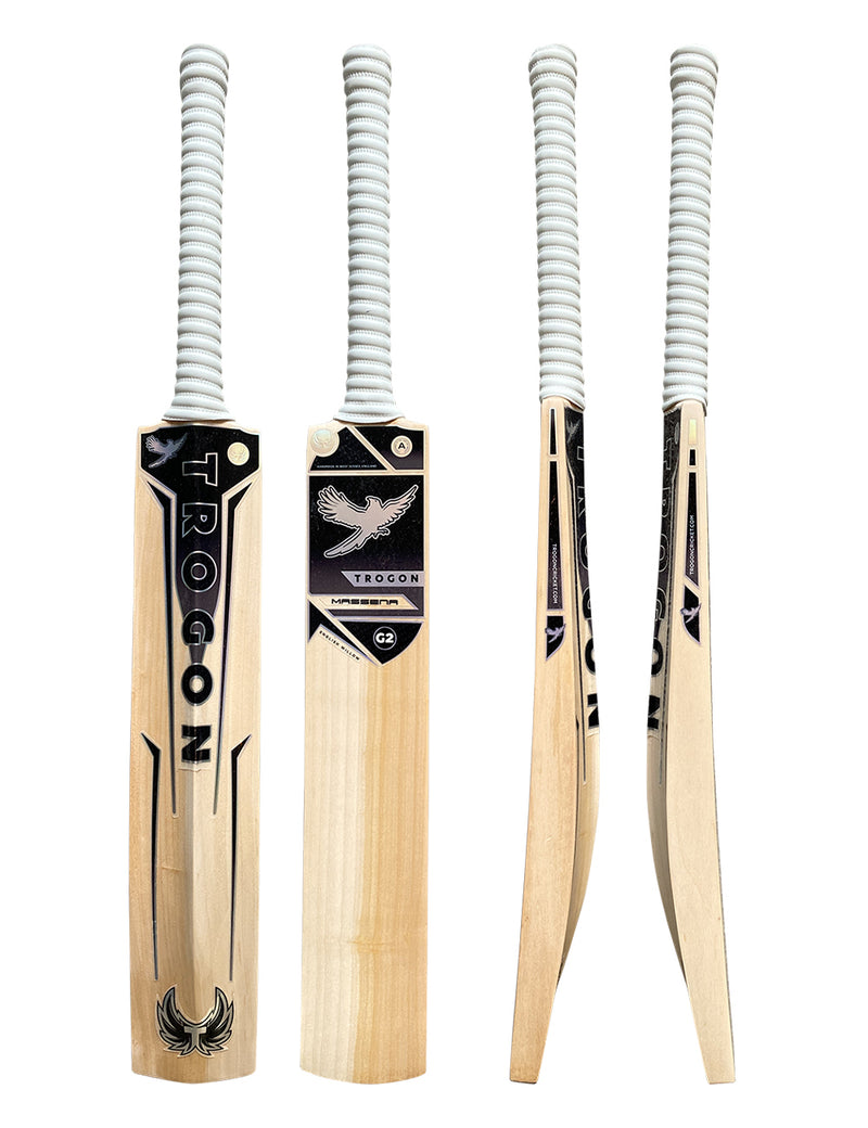 A Grade 2 English willow Cricket bat with lovely grains.  A middle and slight duck-bill toe this wonderful cricket bat is finished with a white grip and Trogon Crickets black sticker set.
