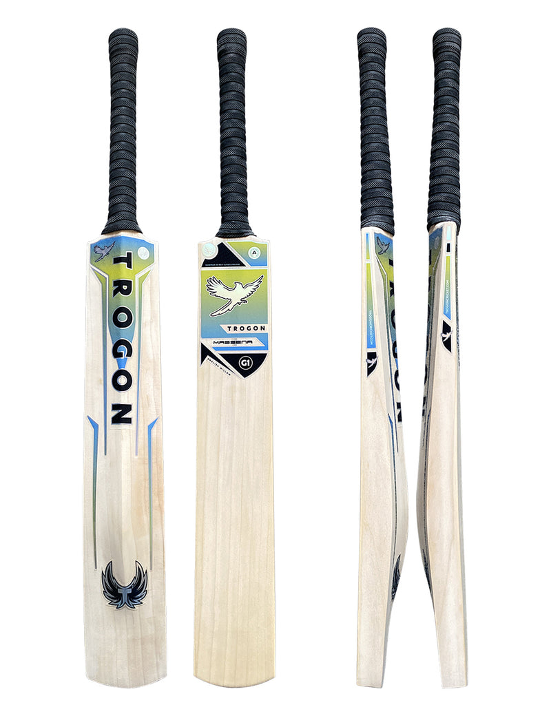 A Grade 1 English willow cricket bat.  Lovely straight grains, a high point middle and finished with a black grip and Trogon Crickets pink and light blue sticker set.