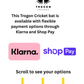 Promotional graphic for Trogon Cricket bat with payment options through Klarna and Shop Pay on a white background.