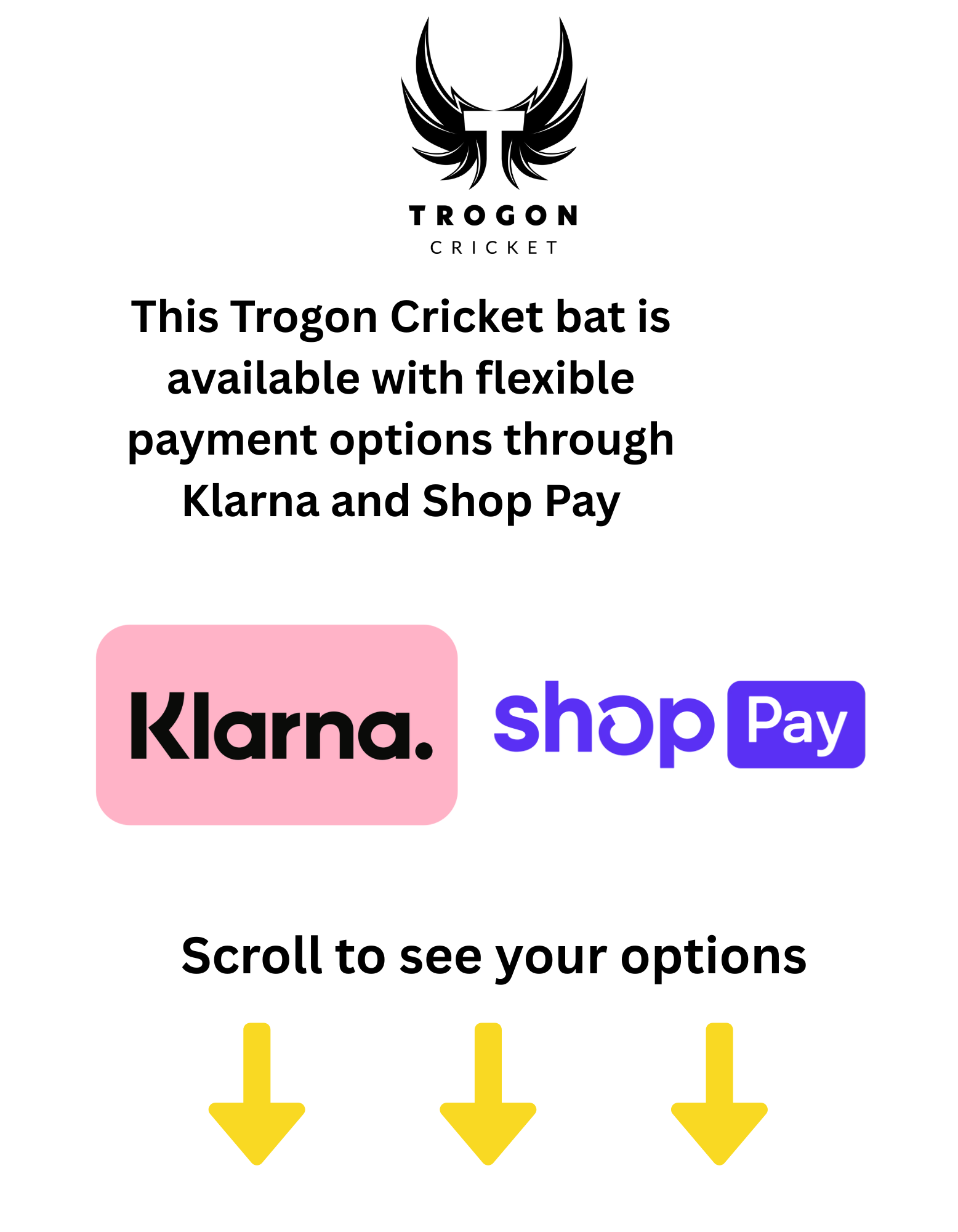 Promotional graphic for Trogon Cricket bat with payment options through Klarna and Shop Pay on a white background.